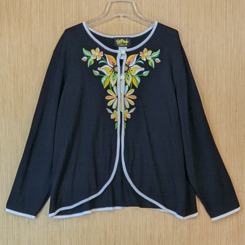 Bob Mackie Wearable Art Womens Floral Embroidered Sweater Cardigan Black 2X‎